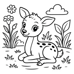 Cute Fawn in a Field of Flowers: Adorable Coloring Page for Kids, Whimsical Deer Cub Surrounded by Nature Ready for Artistic Expression