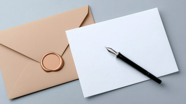 Elegant beige envelope with a wax seal and a black fountain pen resting on a blank white sheet, minimalistic design against a gray background, concept of stationery or writing services
