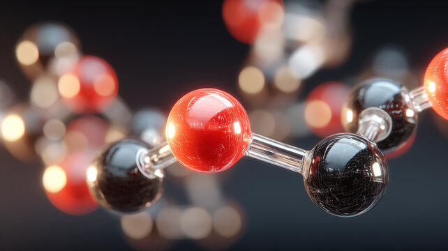 A striking carbon oxygen polymer concept revealed through alternating red and black glassy molecular chains.
