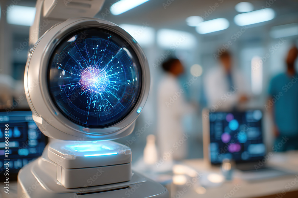 Poster advanced technology in a modern research lab demonstrating artificial intelligence analysis
