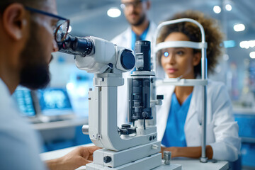 Diagnostic machine scans patient for eye examination in a modern clinic setting