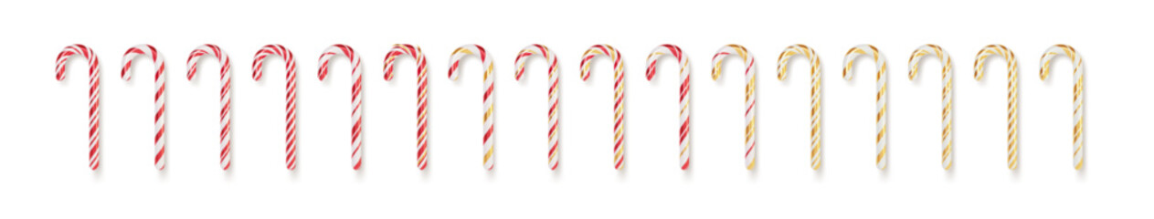 Illustration of Festive Candy Cane Designs in Red and Gold Stripes Arranged in a Neat Row with White as Background