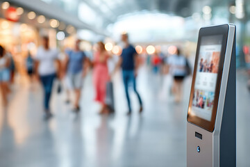 Interactive kiosk in a busy shopping mall during the afternoon rush hour