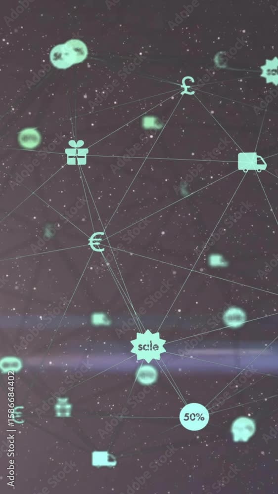 Poster animation of network with icons and dglobe over dark background