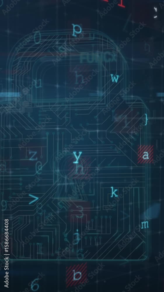 Poster animation of security padlock over data processing on dark background