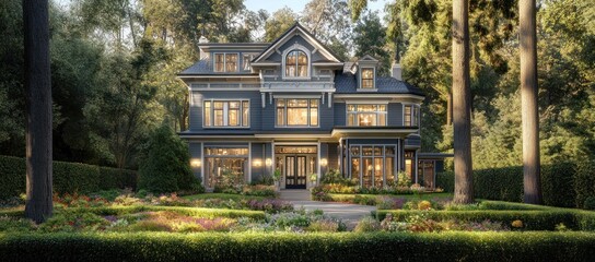 Fototapeta premium Majestic Victorian Mansion in a Serene Forest Setting