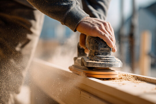 Craftsman using sander in woodworking project at workshop on sunny afternoon - Powered by Adobe