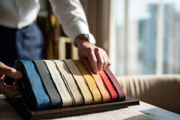 Expert fabric selection process in a stylish interior setting during daylight hours