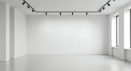 Empty white room with track lighting and windows, creating a bright, minimalist space.