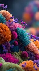 A vibrant coral reef biodiversity concept displayed through an abstract macro panorama of multicolored marine flora.
