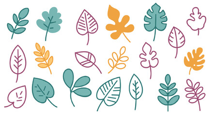 Set of colorful leaf icons with diverse shapes and artistic designs