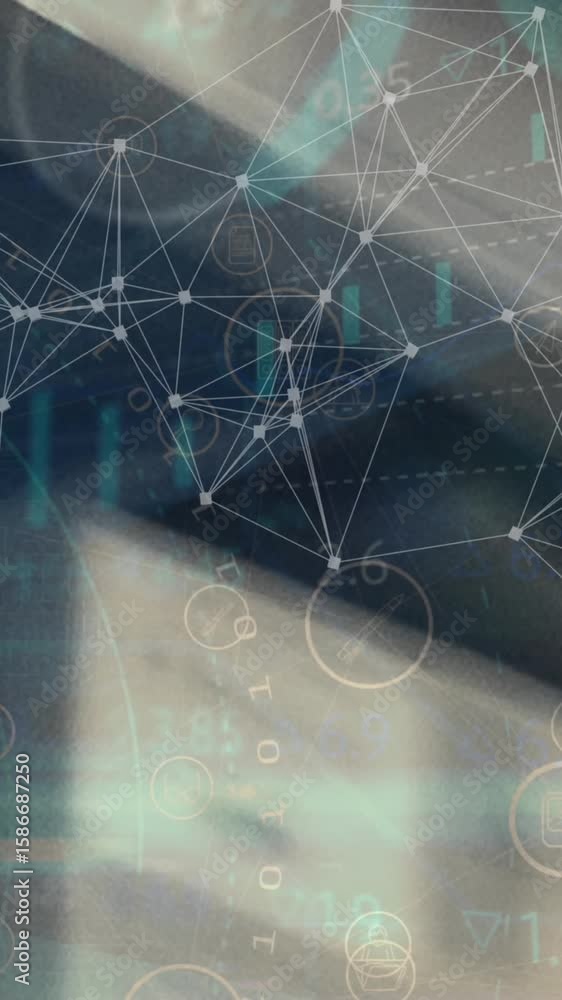 Poster animation of network of connections with icons over blurred background