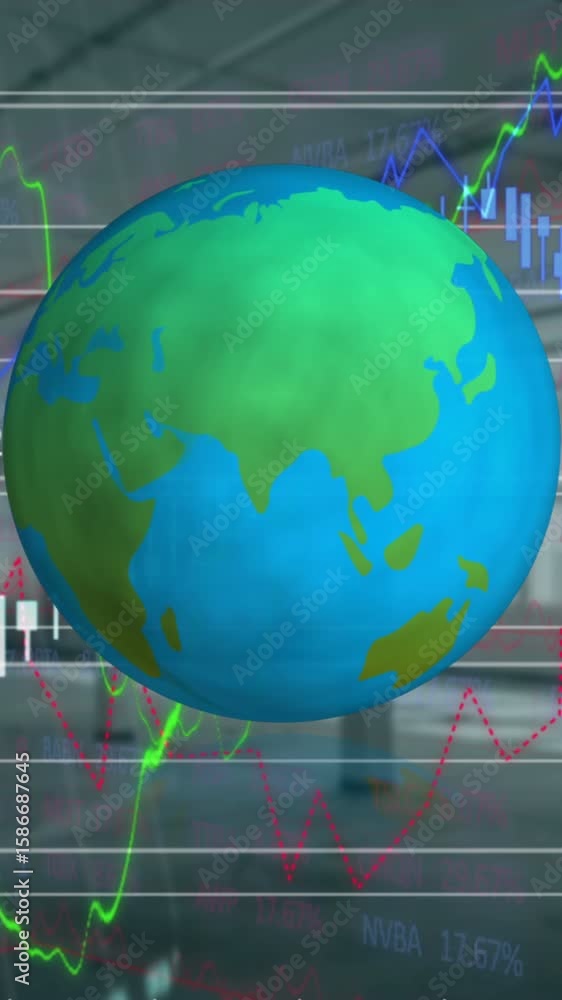 Poster animation of rotating globe over financial data and graphs