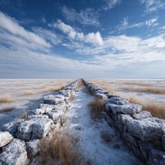 A stone path stretches across a wintery landscape under a vast blue sky
