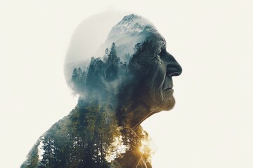 double exposure of an old man silhouette with forest and mountain landscape inside, misty light and natural textures, wisdom and time concept
