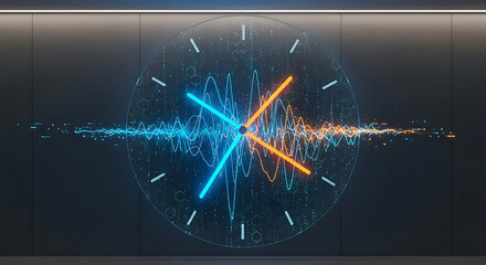 Abstract clock face with glowing, intersecting lines and wave patterns, suggesting time distortion or energy flow.