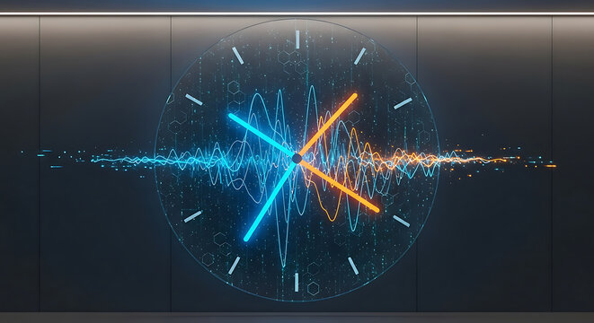 Abstract clock face with glowing, intersecting lines and wave patterns, suggesting time distortion or energy flow.