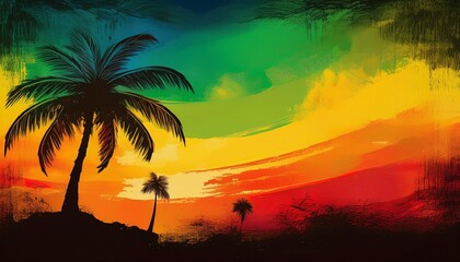 grunge background with colors in reggae style in an evening feel complete with coconut tree silhouette