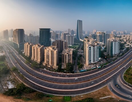 empty gurgaon roads aerial view of urban streetscape