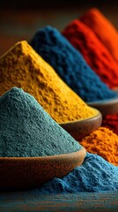 Vibrant piles of colorful powder in ceramic bowls, arranged in a row with warm lighting—ideal for advertising, festivals, or product presentations
