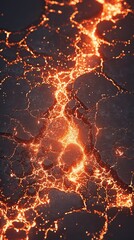 Dynamic lava texture with glowing orange cracks and dark rocky background, perfect for volcanic, geological, or fiery abstract design themes.