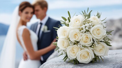Elegant white rose bridal bouquet on stone with blurred bride and groom in background, perfect for wedding themes and romantic moments