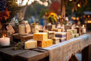 handmade soap and candles at a rustic outdoor craft market during autumn, soft golden hour lighting, colorful fall foliage in the background, cozy atmosphere