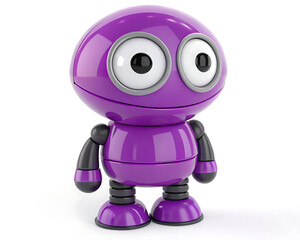 A purple robot with big eyes standing on a white surface looking directly at the viewer in a studio shot