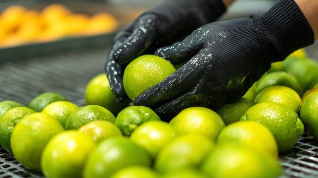 Gloved Hands Sorting Fresh Limes on Conveyor Belt - Powered by Adobe