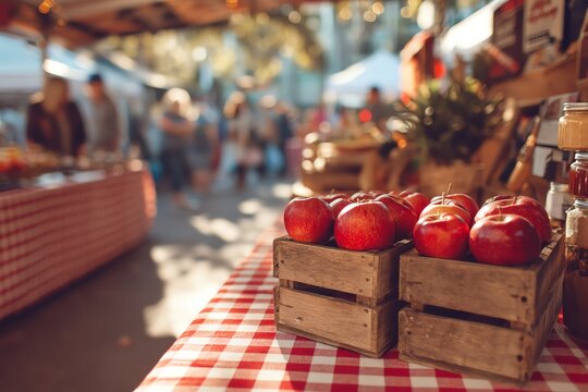 apple cider and caramel apples on display at a festive fall fair, wooden crates and plaid tablecloths, blurred background with people browsing