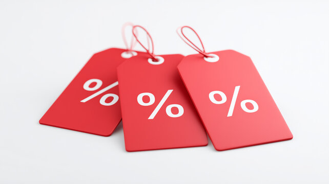 Bold red sale tags with percentage symbol conveying attractive discount offer.
