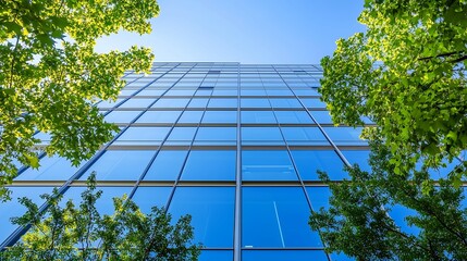 Modern Glass Building with Lush Green Trees,business,corporate