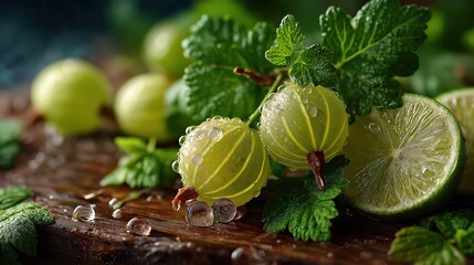 Fresh gooseberries with water drops, green leaves, and juicy lime slices on a rustic wooden surface. Vibrant, organic, and refreshing food concept.