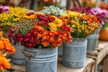 fresh bouquets of autumn flowers in metal buckets at a harvest market, vibrant mums, marigolds, and sunflowers, cozy fall scene