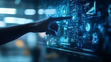 Interactive Futuristic Technology Interface, Data Analysis, Digital Hand