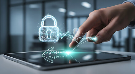 Hand interacts with a tablet displaying a digital signature and a padlock icon, suggesting security.