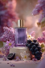 Elegant purple perfume bottle surrounded by lilac, grapes, and delicate flowers. A luxurious fragrance concept with floral and fruity notes.