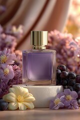 Elegant purple perfume bottle surrounded by lilac, grapes, and delicate flowers. A luxurious fragrance concept with floral and fruity notes.