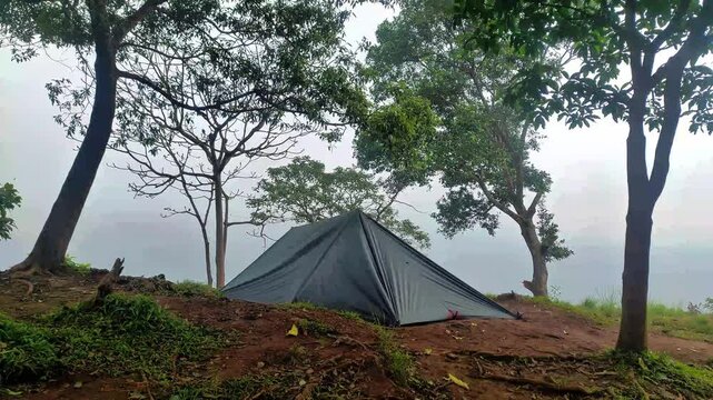 A dark-colored flysheet tent stands on a misty mountain peak, surrounded by tall trees and foggy skies, creating a serene and secluded camping atmosphere.
