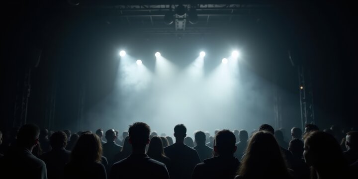 A crowd of individuals silhouetted against dramatic stage lighting, creating an electrifying atmosphere at a live event or concert.