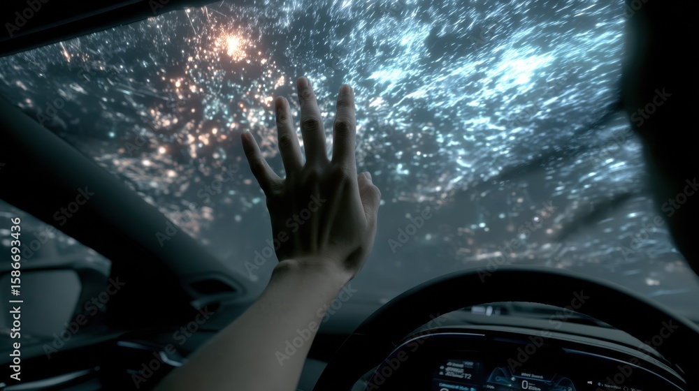 Poster futuristic augmented reality head up display interface on car windshield is being used by driver dur