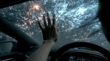 Futuristic augmented reality head up display interface on car windshield is being used by driver during rainy weather, enhancing driving experience with interactive digital elements