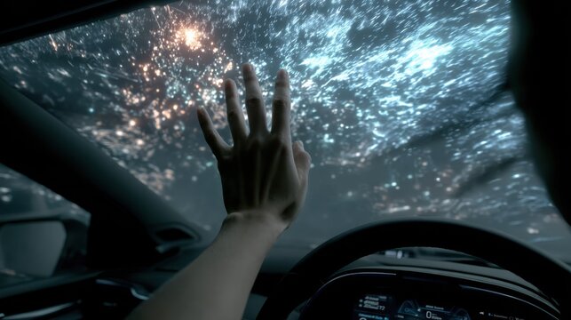 Futuristic augmented reality head up display interface on car windshield is being used by driver during rainy weather, enhancing driving experience with interactive digital elements