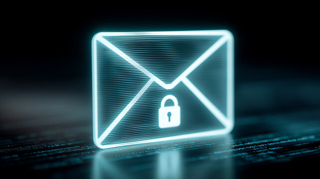 A secure email encryption concept illustrated with a radiant envelope icon and padlock floating above a digital matrix.
