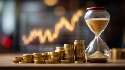 An inspiring financial growth concept featuring ascending gold coin stacks beside a flowing sand timer depicting the time value of money.
