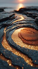 Abstract glowing golden texture resembling a river of light on layered dark terrain, with a dreamy sunset in the background