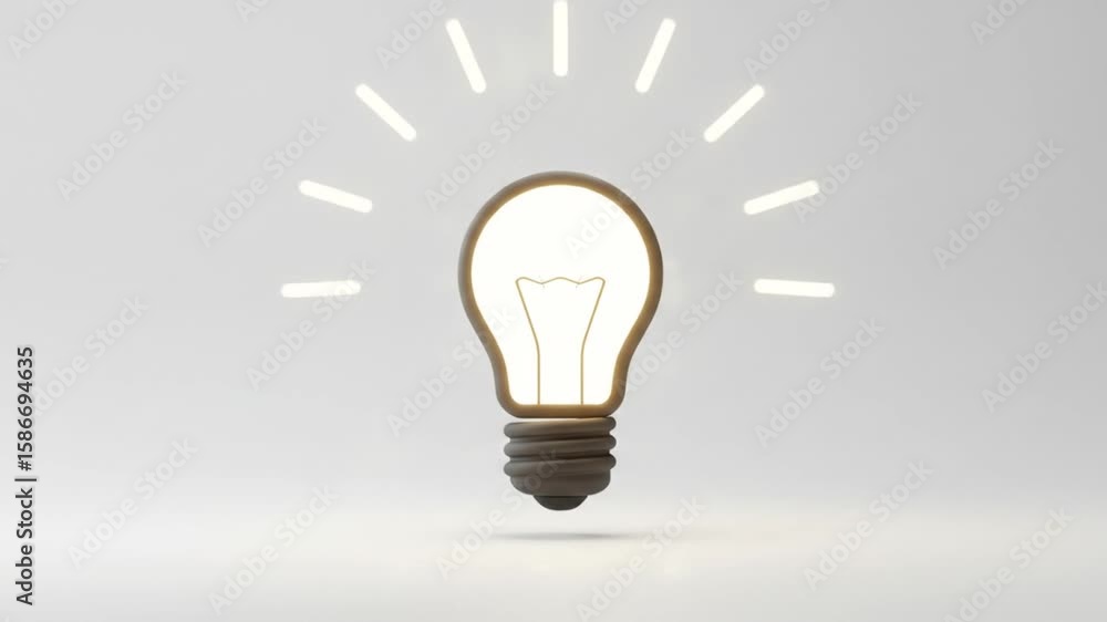 Poster a glowing lightbulb with a gray base and bright rays emanating from it on a white background studio 