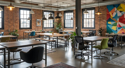 Empty modern coworking space with exposed brick, colorful mural, and industrial design.
