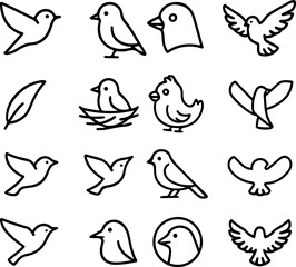 Fototapeta premium Collection of simple line art icons featuring various birds in different poses and styles for graphic design and illustration purposes