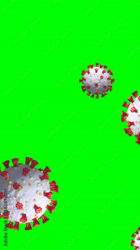 Poster digital animation of multiple covid-19 cell icons floating against green background